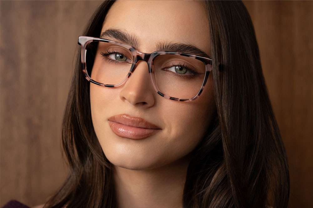 Model wearing Oscar Wylee Jorja acetate optical frames.