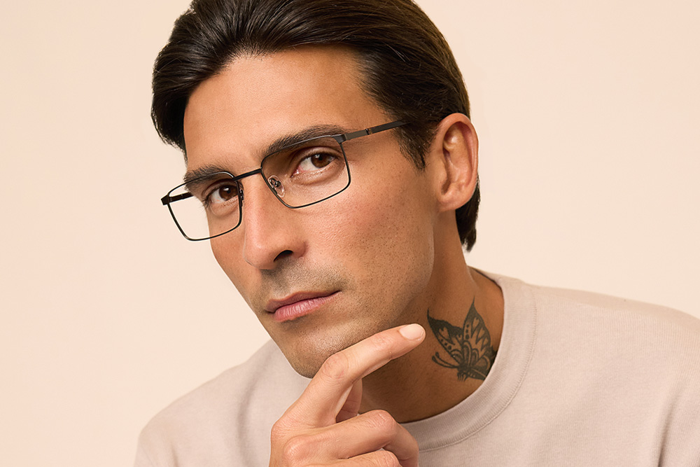 Koda eyeglasses frame worn by model.